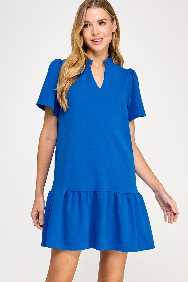 Solid Cobalt Ruffle Neck Dress