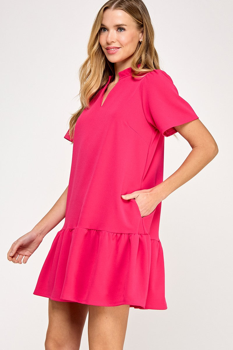 Solid Raspberry Ruffle Neck Dress