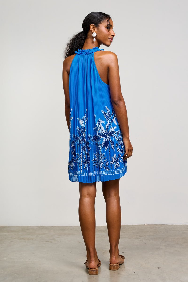 Blue Border Chiffon Pleated Mini Dress