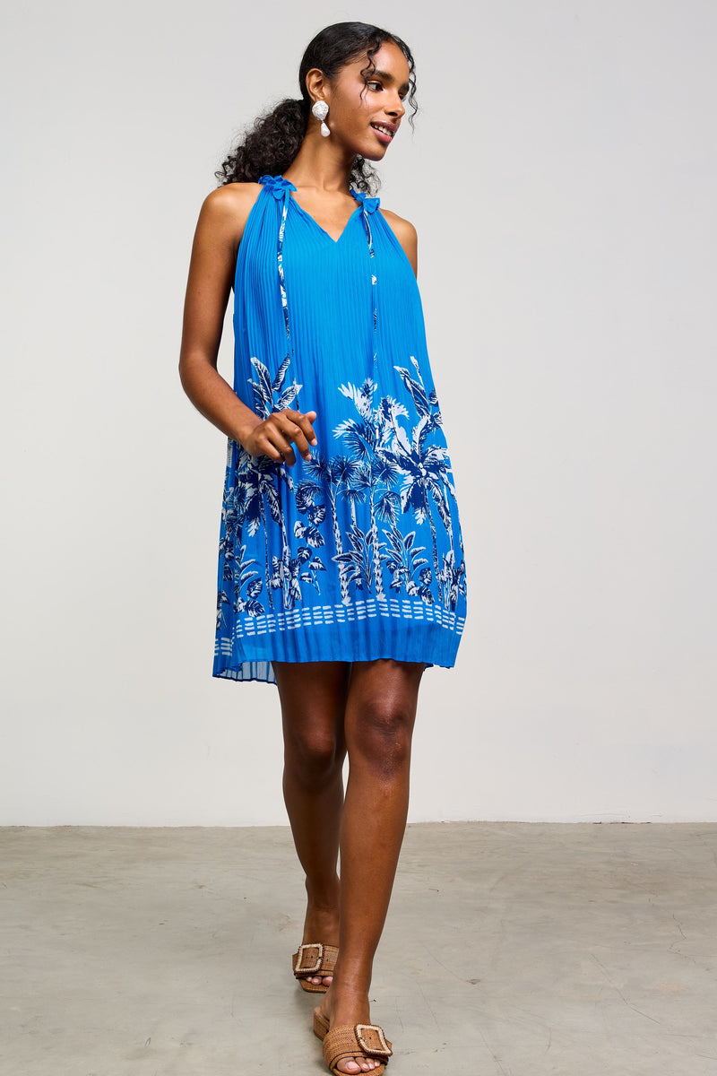 Blue Border Chiffon Pleated Mini Dress