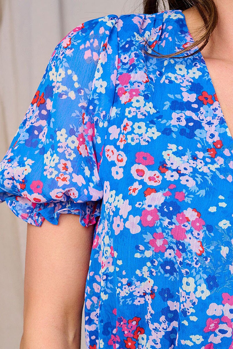 SURPLICE ELASTIC WAIST RUFFLE FLORAL MINI DRESS