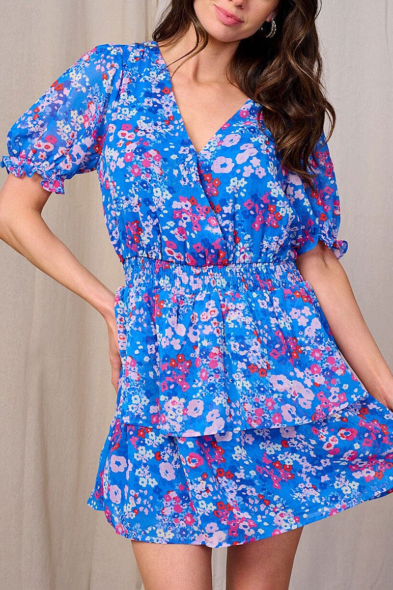 SURPLICE ELASTIC WAIST RUFFLE FLORAL MINI DRESS