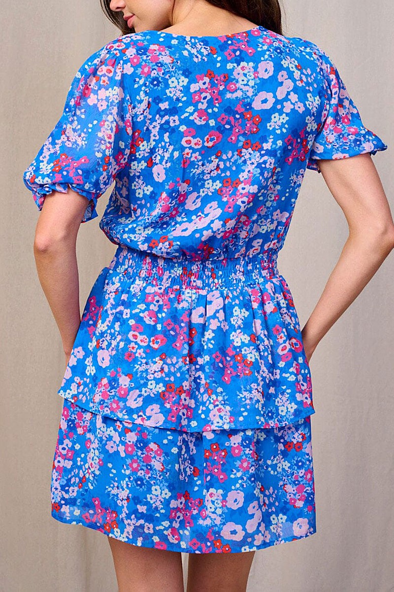 SURPLICE ELASTIC WAIST RUFFLE FLORAL MINI DRESS