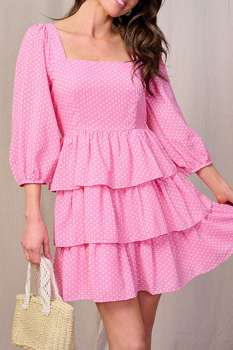 SQUARE NECK POLKA DOTS TIERED RUFFLE MINI DRESS