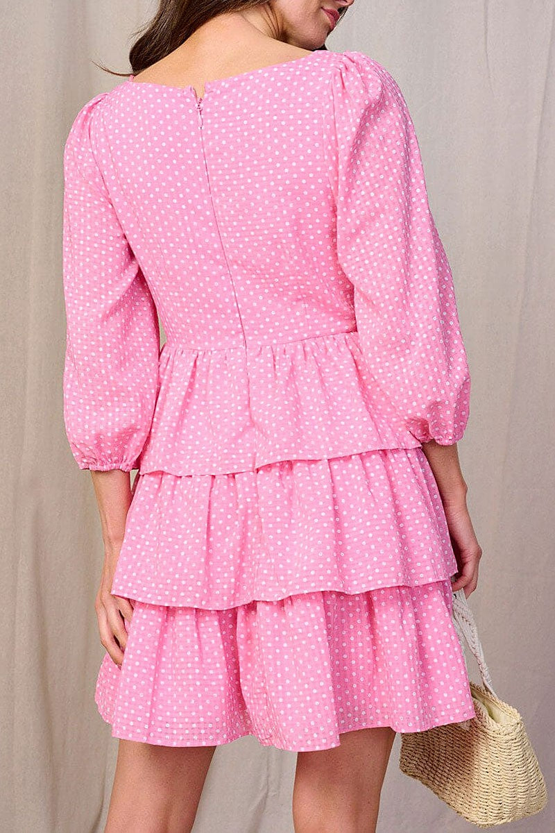 SQUARE NECK POLKA DOTS TIERED RUFFLE MINI DRESS