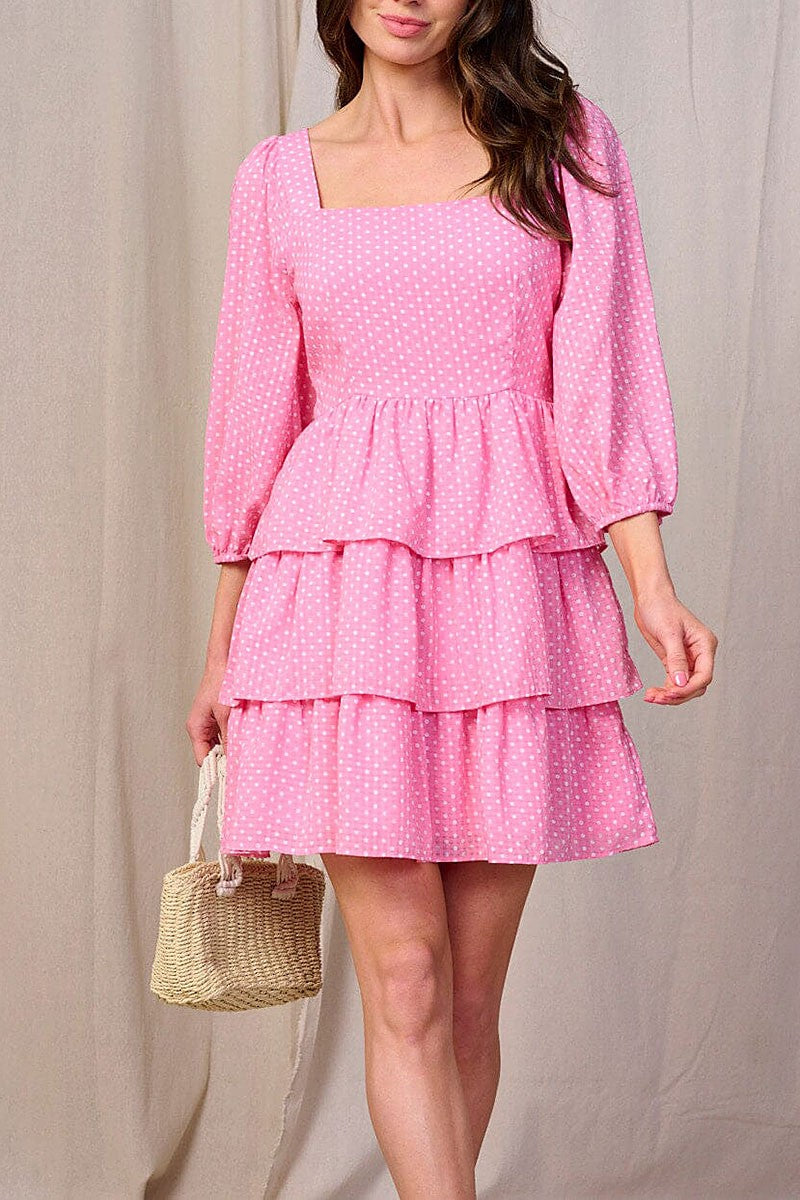 SQUARE NECK POLKA DOTS TIERED RUFFLE MINI DRESS