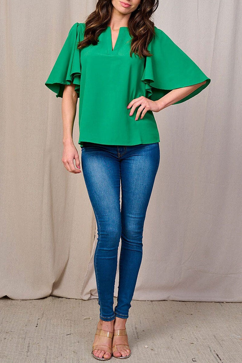 SHORT SLEEVES EMERALD V-NECK LOOSE FIT BLOUSE