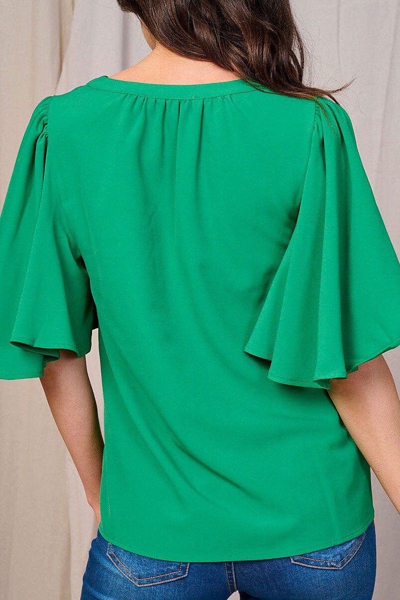 SHORT SLEEVES EMERALD V-NECK LOOSE FIT BLOUSE