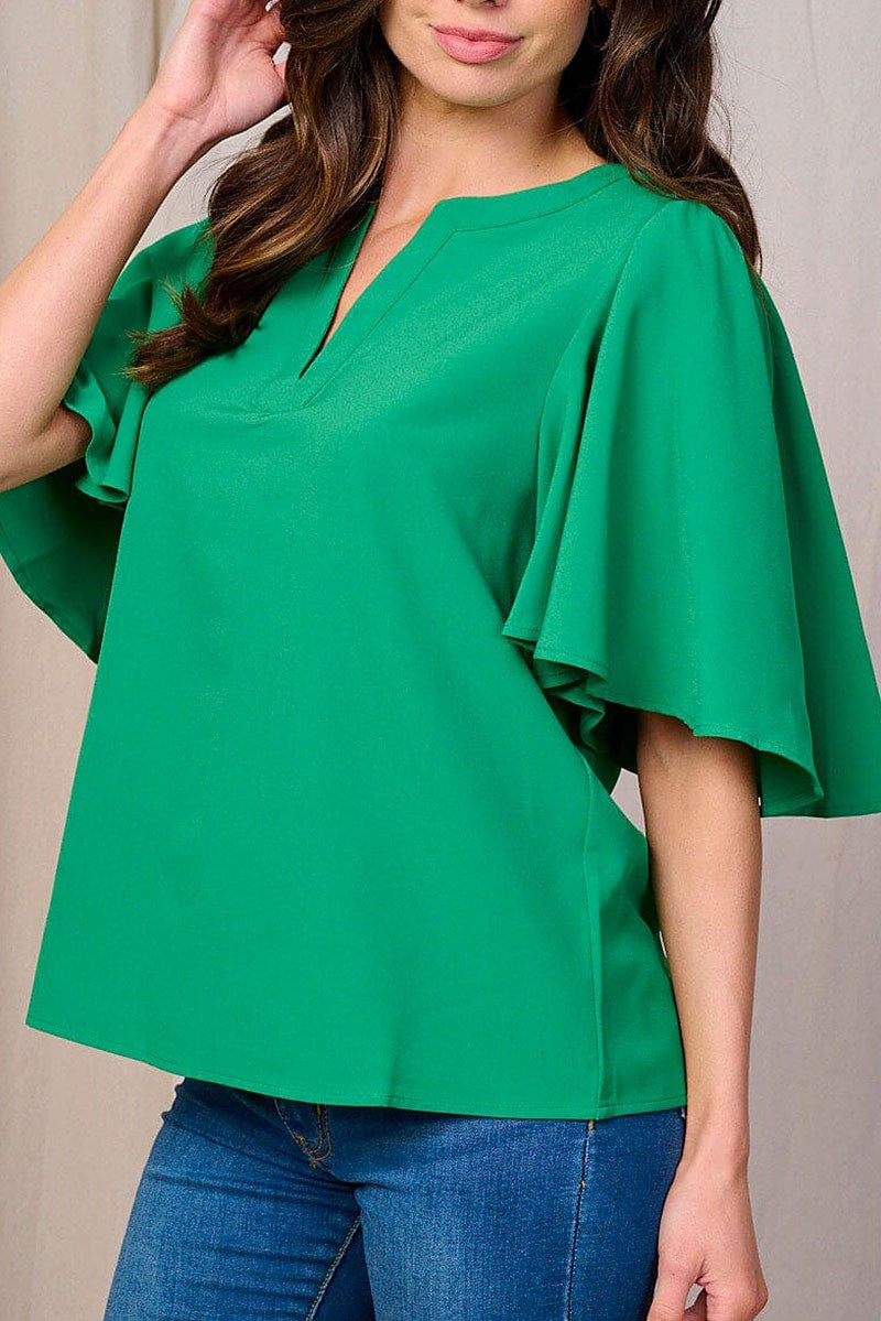 SHORT SLEEVES EMERALD V-NECK LOOSE FIT BLOUSE