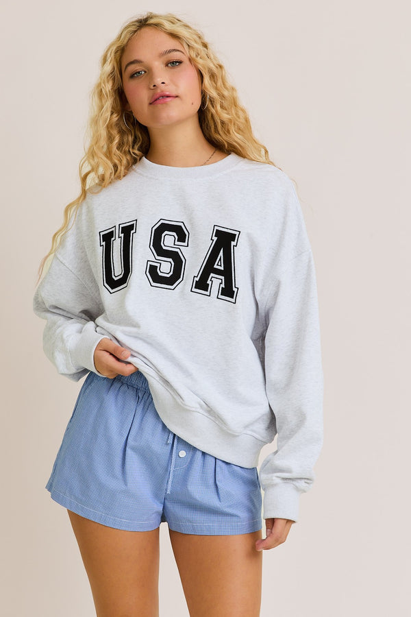 Usa Heather Grey Embroidery Long Sleeve Crew Neck Oversized