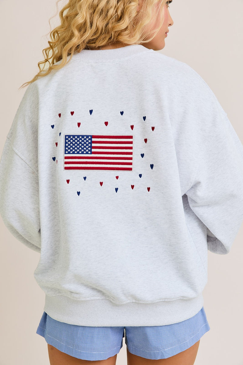 Usa Heather Grey Embroidery Long Sleeve Crew Neck Oversized