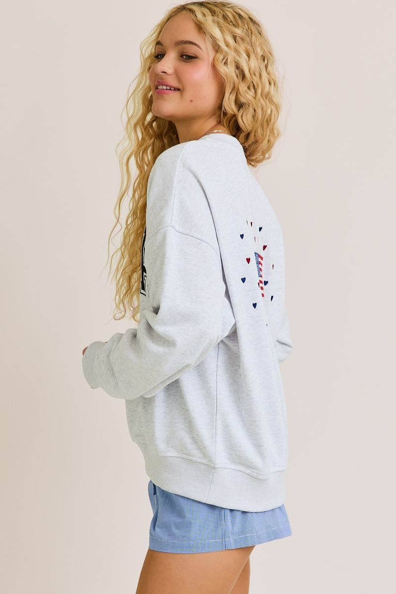 Usa Heather Grey Embroidery Long Sleeve Crew Neck Oversized