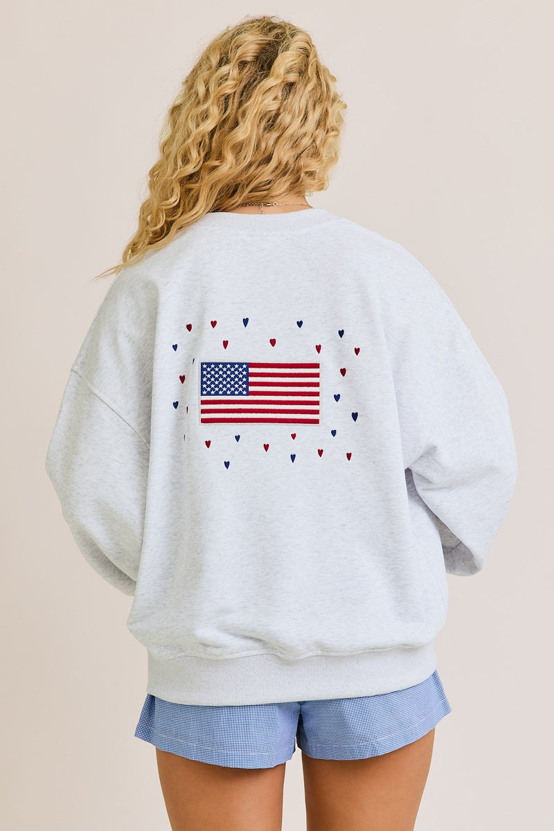 Usa Heather Grey Embroidery Long Sleeve Crew Neck Oversized