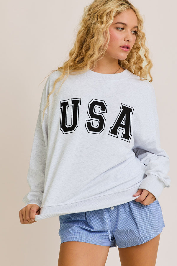 Usa Heather Grey Embroidery Long Sleeve Crew Neck Oversized