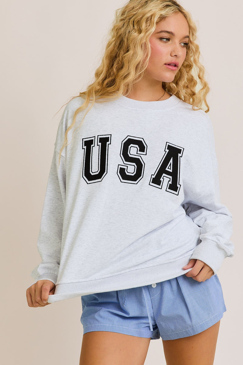 Usa Heather Grey Embroidery Long Sleeve Crew Neck Oversized