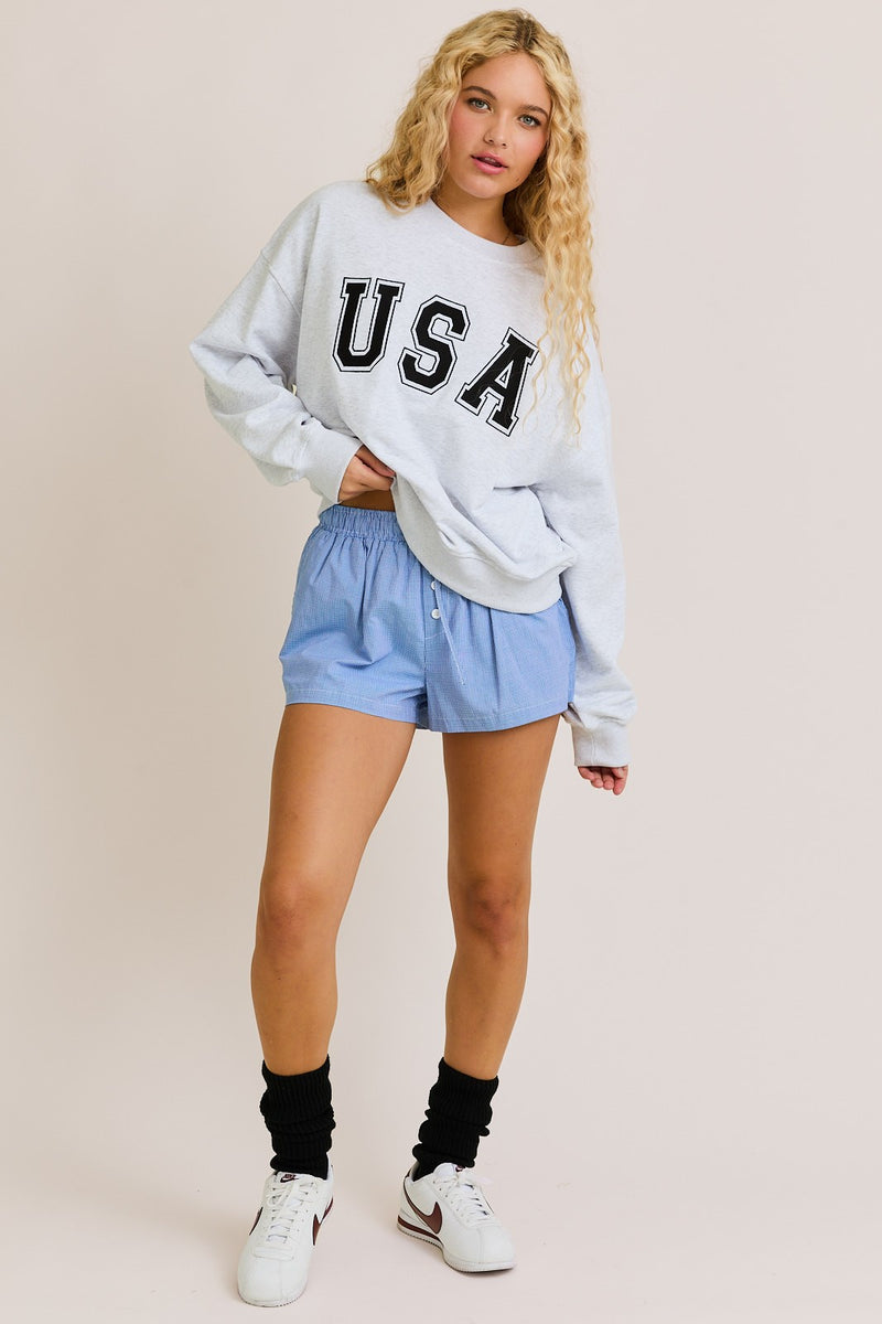 Usa Heather Grey Embroidery Long Sleeve Crew Neck Oversized