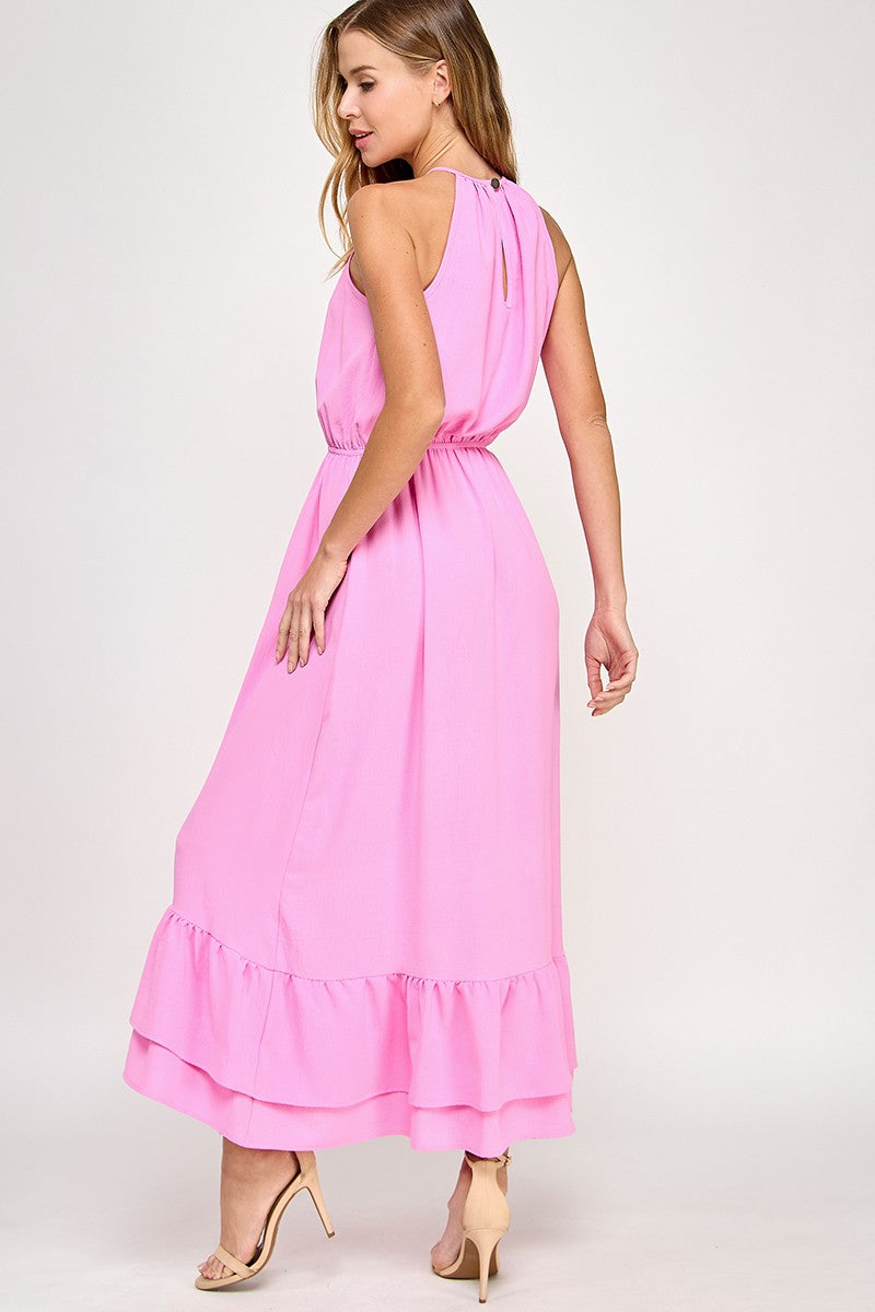 Halter Neckline Pink Solid Maxi Dress