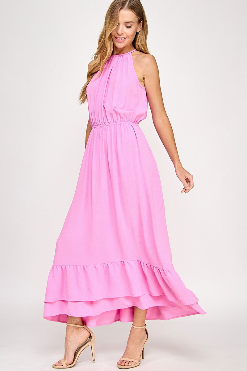 Halter Neckline Pink Solid Maxi Dress