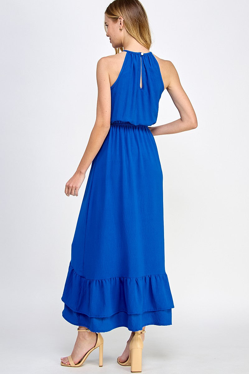 Halter Neckline Cobalt Solid Maxi Dress