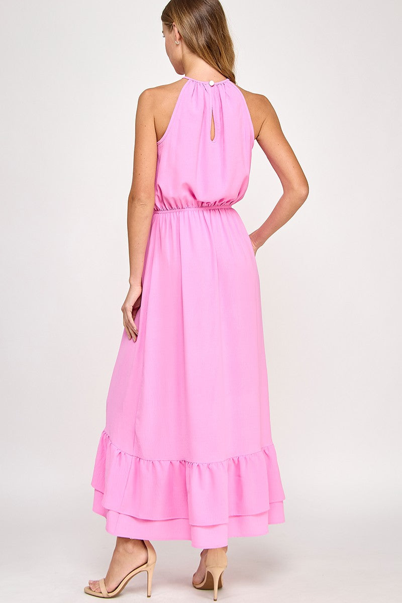 Halter Neckline Pink Solid Maxi Dress
