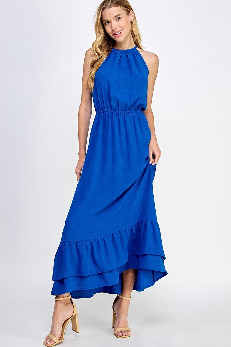Halter Neckline Cobalt Solid Maxi Dress