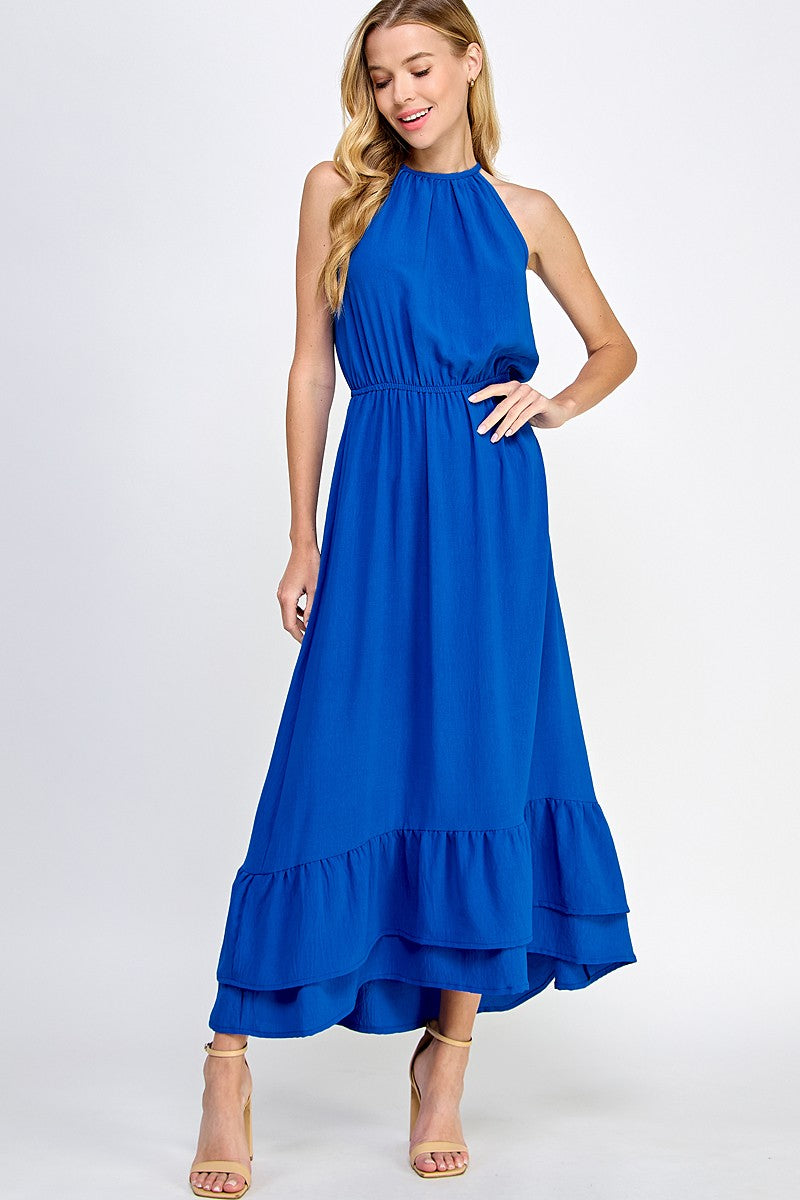 Halter Neckline Cobalt Solid Maxi Dress