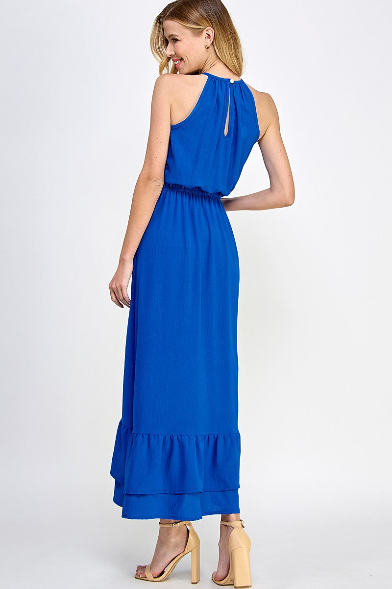 Halter Neckline Cobalt Solid Maxi Dress