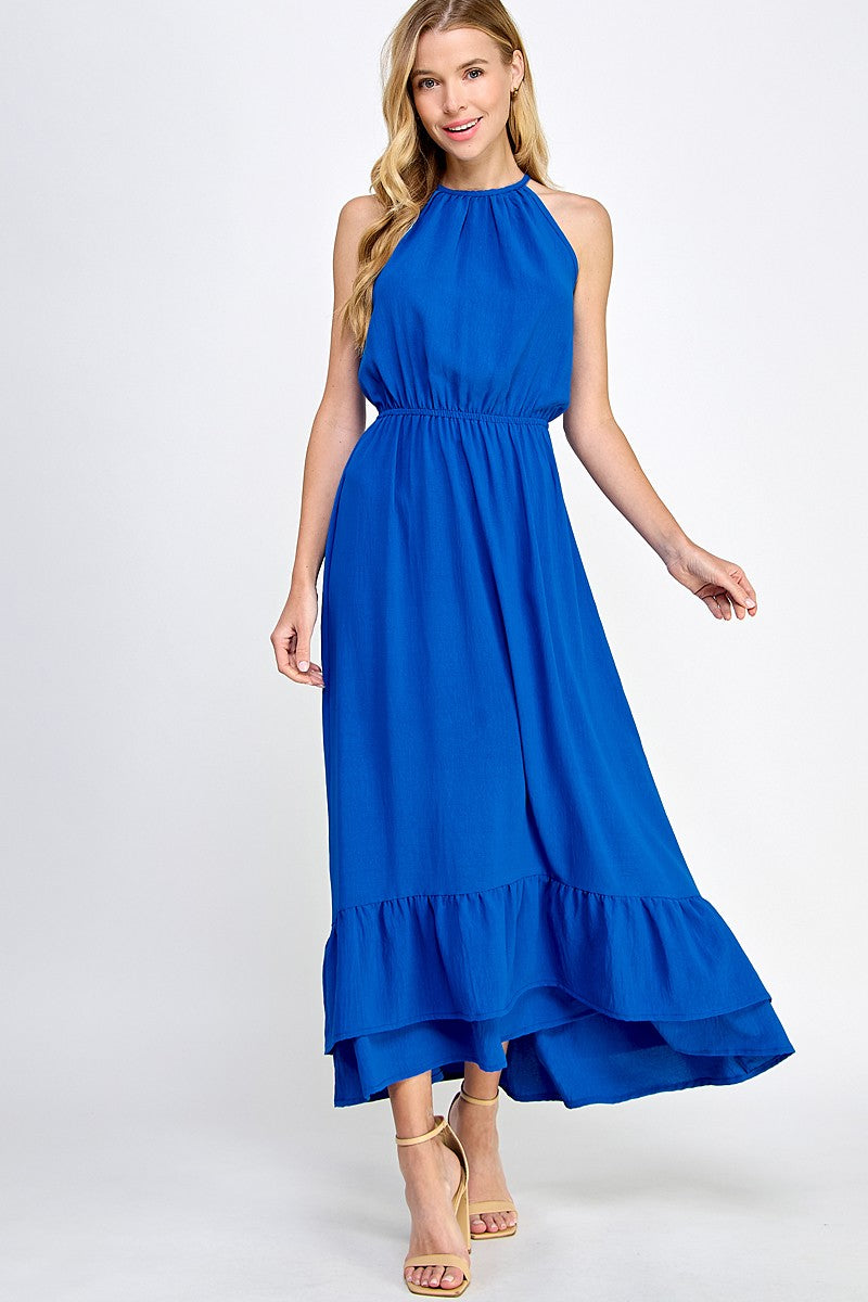 Halter Neckline Cobalt Solid Maxi Dress