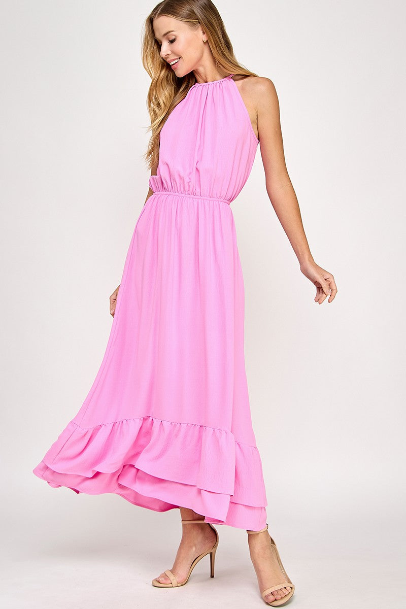 Halter Neckline Pink Solid Maxi Dress