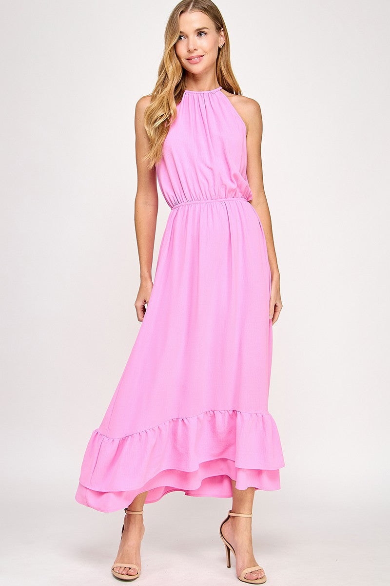 Halter Neckline Pink Solid Maxi Dress
