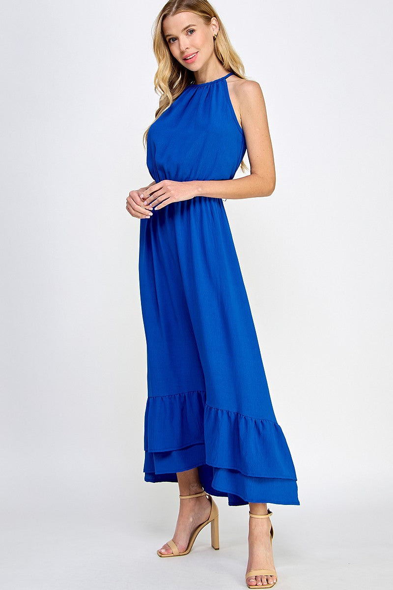 Halter Neckline Cobalt Solid Maxi Dress