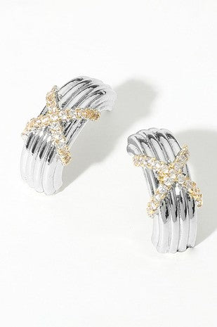 14k Two Tone Cz Crisscross Ribbed Hoop Earrings