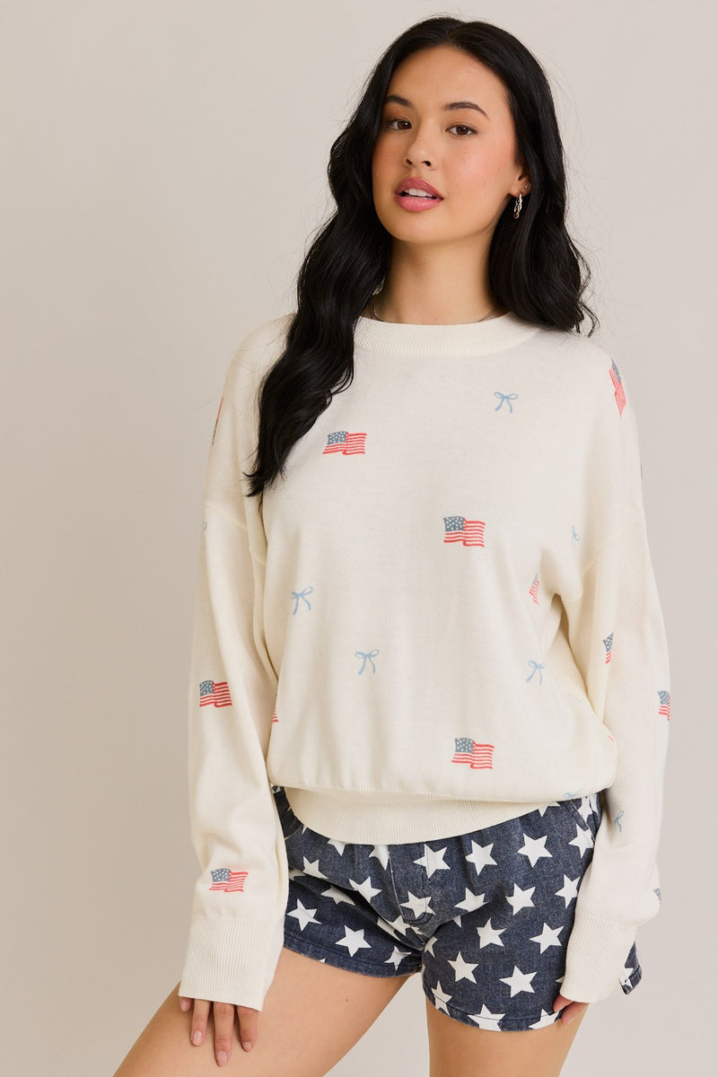 USA Flag With Bow Print Crew Neck Sweater