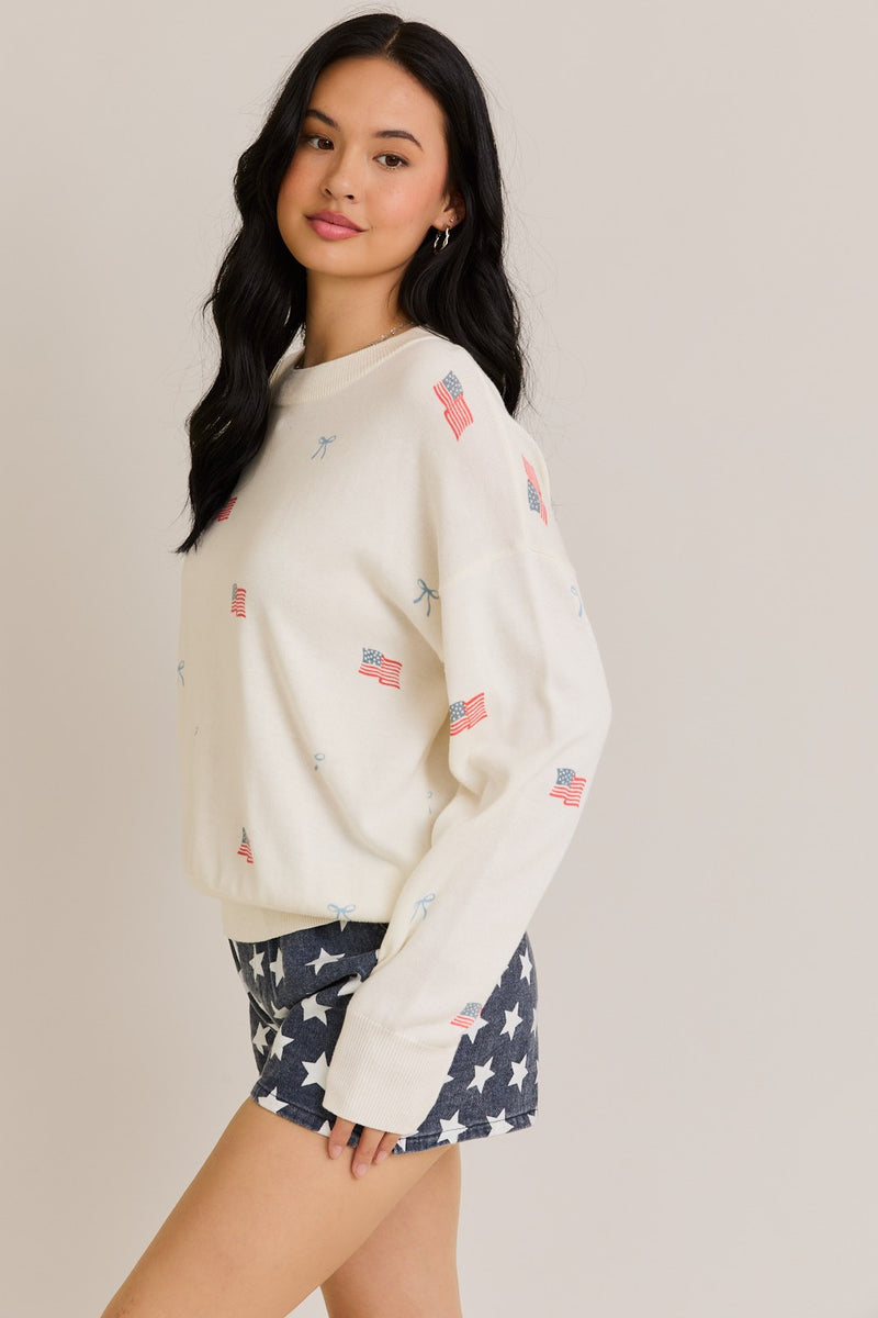 USA Flag With Bow Print Crew Neck Sweater