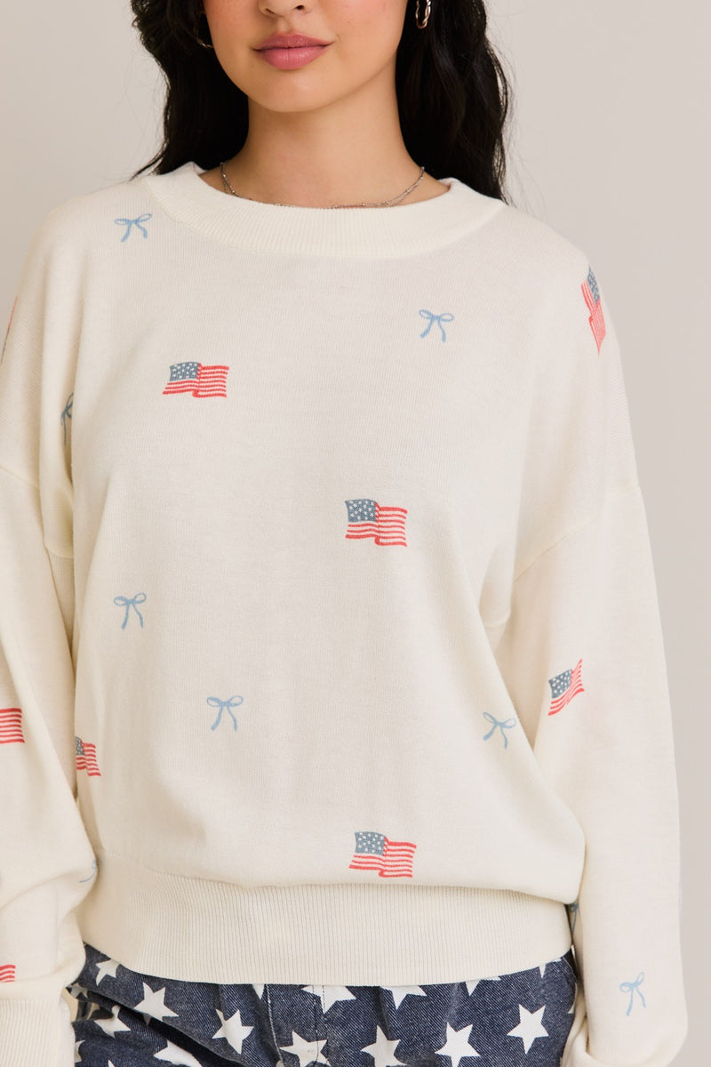 USA Flag With Bow Print Crew Neck Sweater