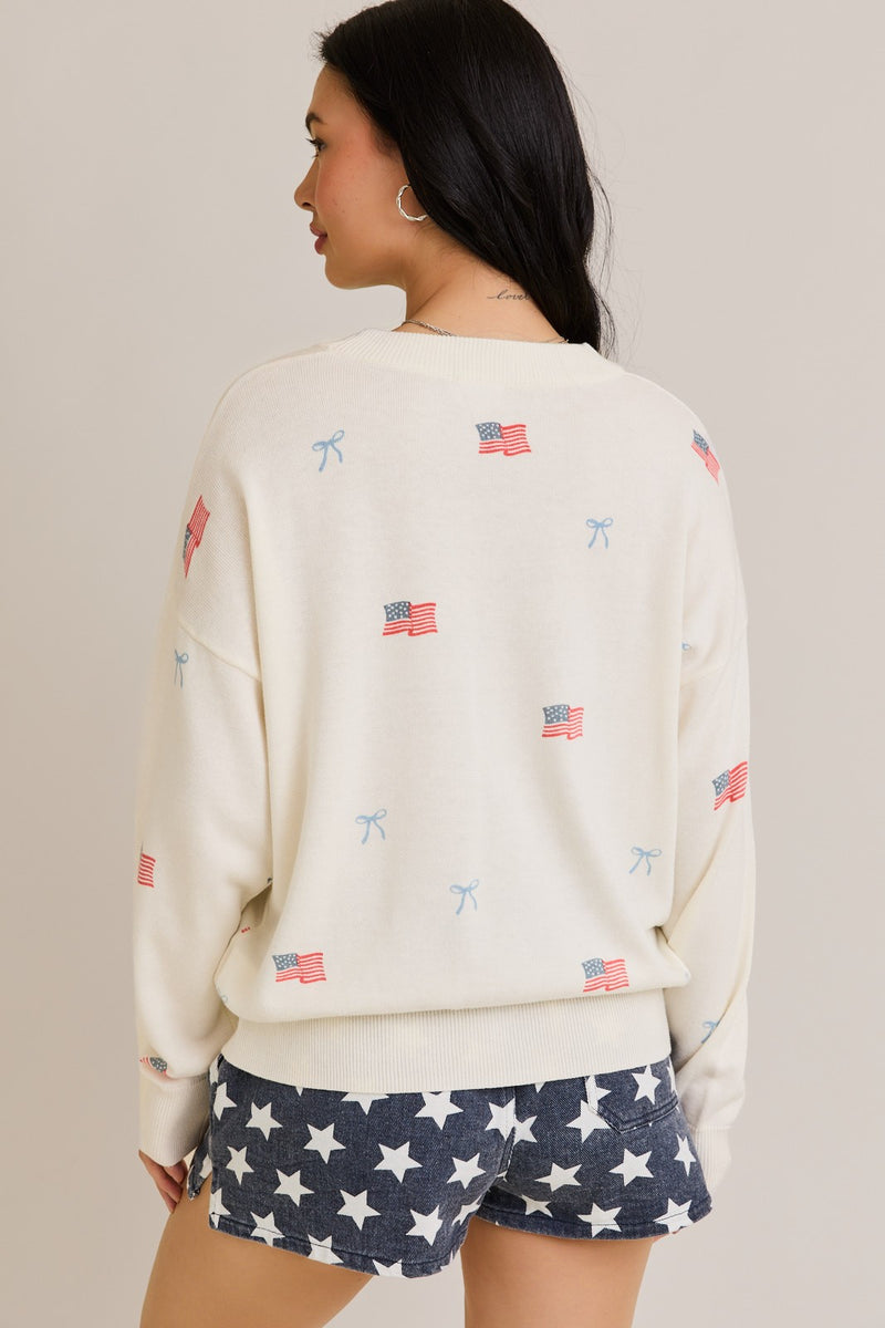 USA Flag With Bow Print Crew Neck Sweater