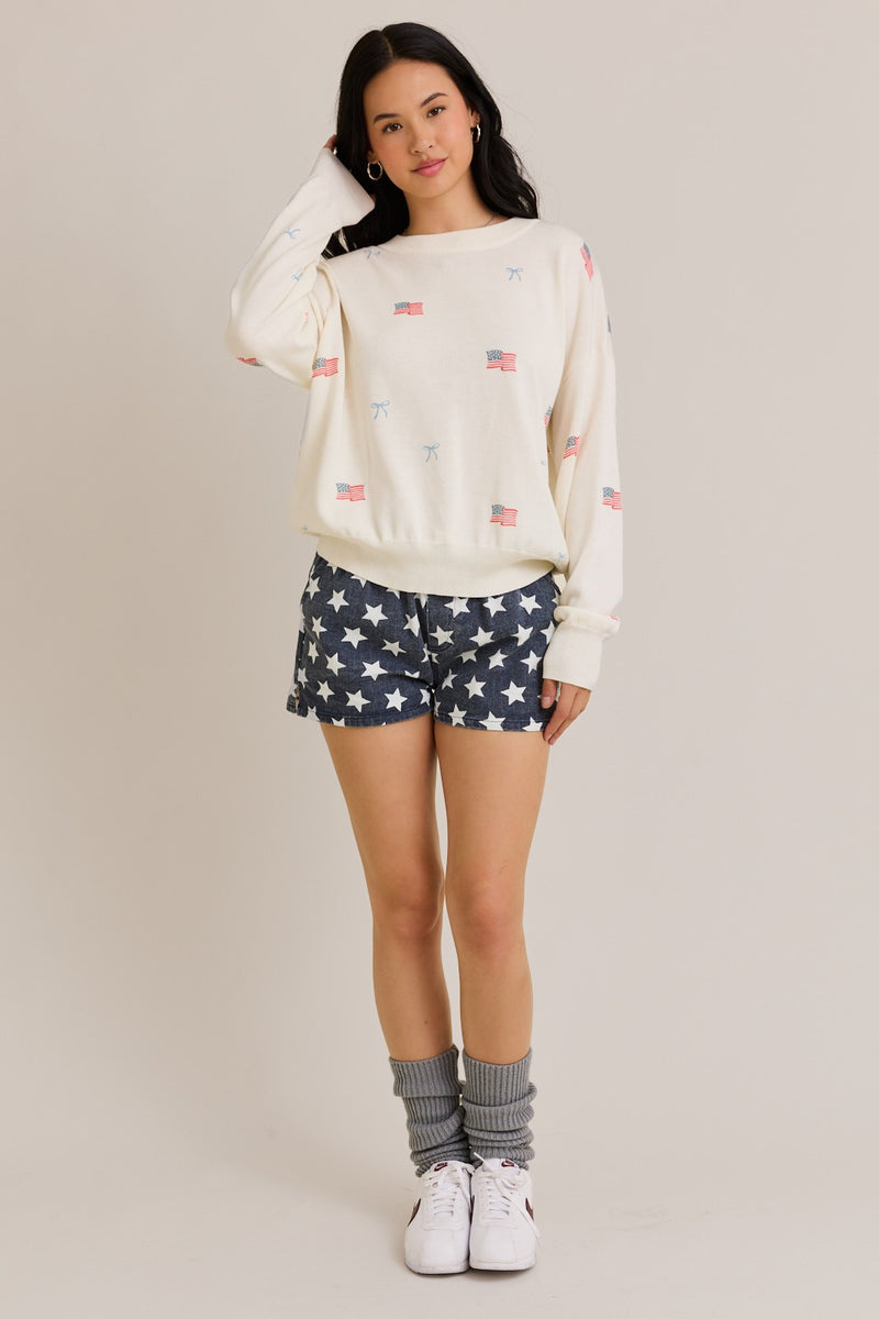 USA Flag With Bow Print Crew Neck Sweater