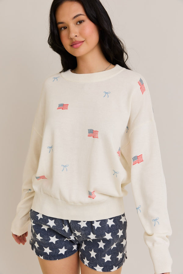 USA Flag With Bow Print Crew Neck Sweater