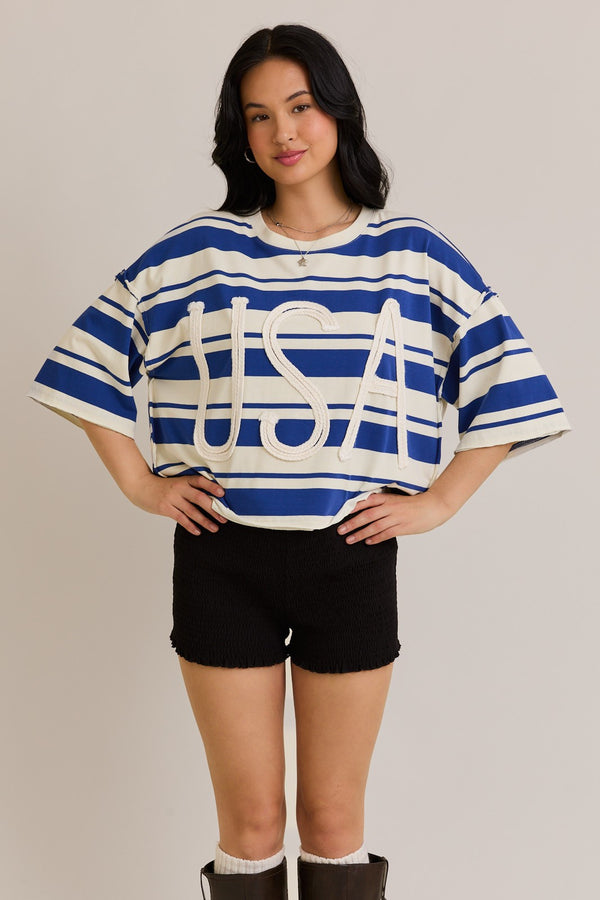 USA Stripe Short Sleeve Top With Rope Letter