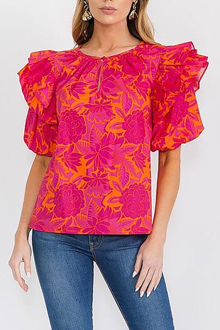 SHORT PUFF SLEEVE KEYHOLE FLORAL BLOUSE