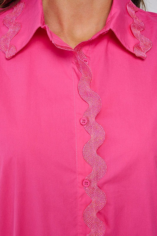 SHORT SLEEVE BUTTON UP TRIM DETAILED BLOUSE
