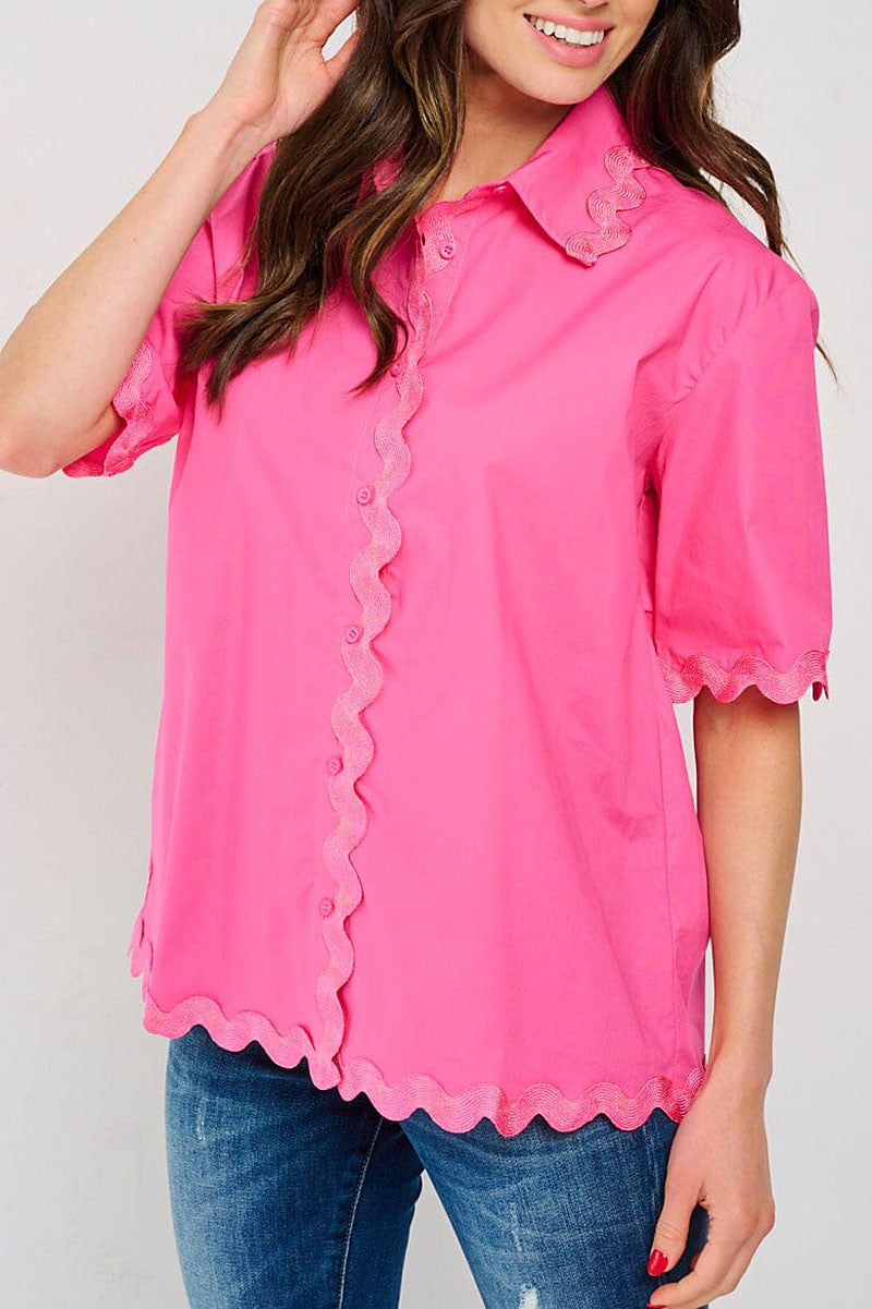SHORT SLEEVE BUTTON UP TRIM DETAILED BLOUSE