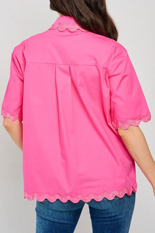 SHORT SLEEVE BUTTON UP TRIM DETAILED BLOUSE
