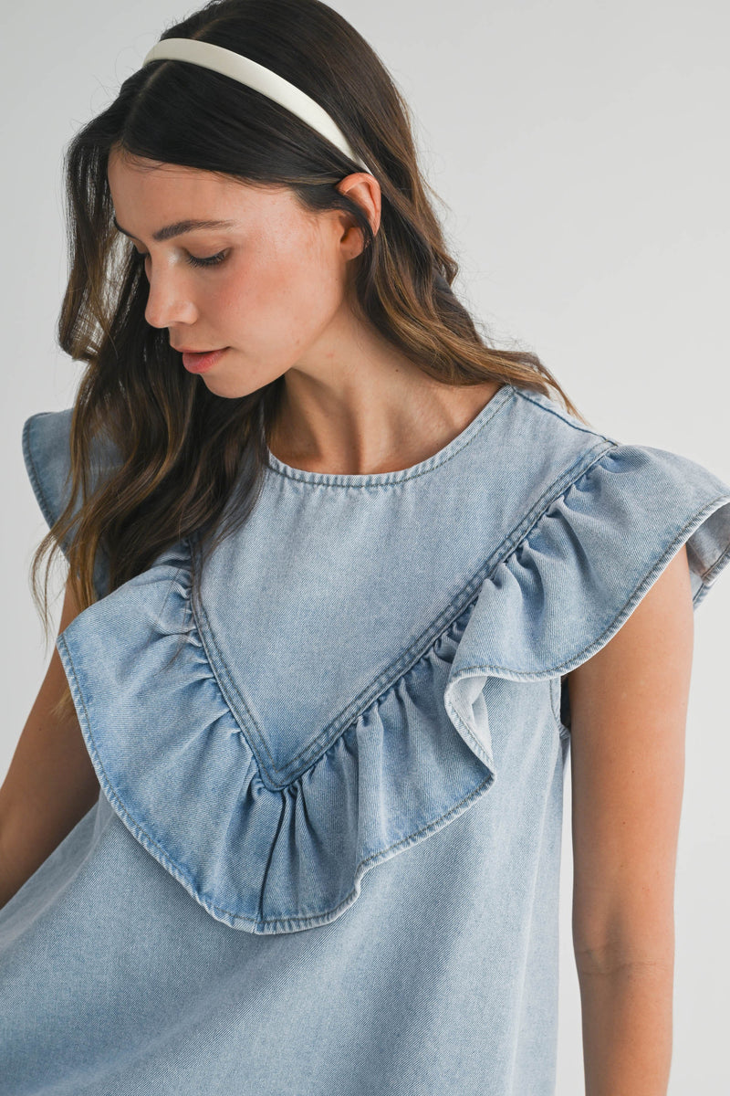 Mable RUFFLED DETAIL DENIM MINI DRESS