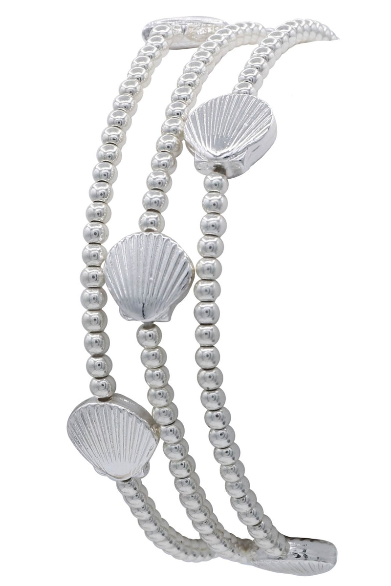 Metal Silver Beaded Sea Shell Stretch Bracelet Set