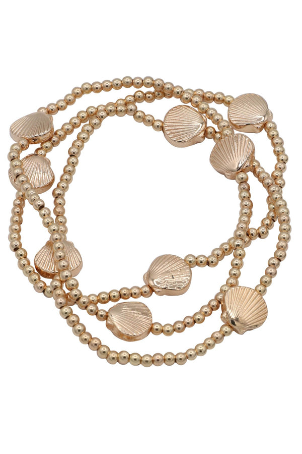 Metal Gold Beaded Sea Shell Stretch Bracelet Set