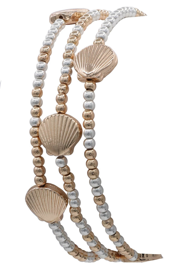 Metal Gold And Silver Beaded Sea Shell Stretch Bracelet Set