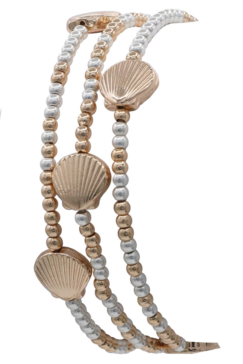 Metal Gold And Silver Beaded Sea Shell Stretch Bracelet Set