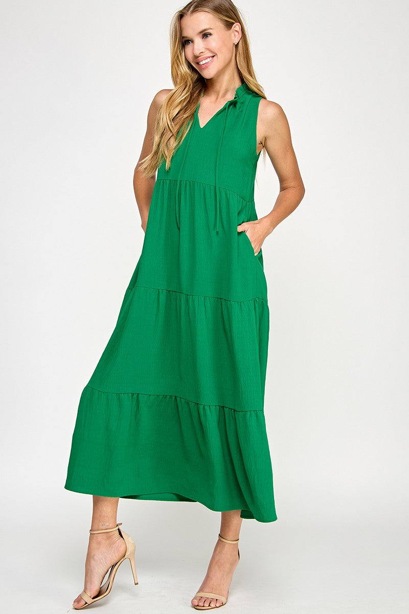 Solid Ruffled Neckline Kelly Green Maxi Dress (