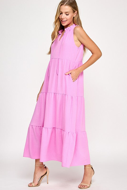 Solid Ruffled Neckline Pink Maxi Dress